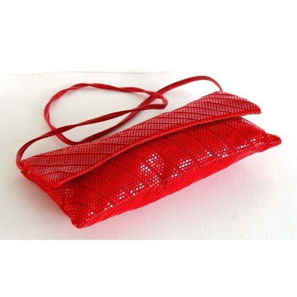 VTG RED MESH GENUINE LEATHER STRAP FLAP MIRROR INSIDE SHOULDER BAG PURSE CLUTCH - Picture 4 of 9